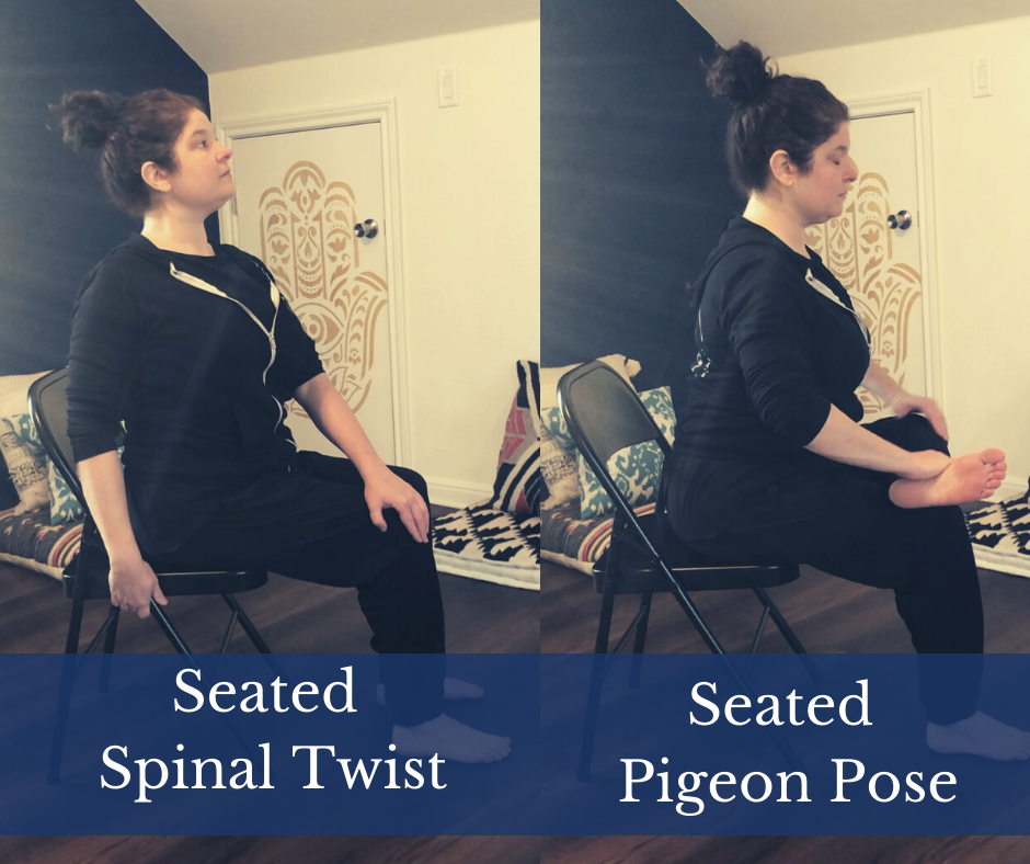 Images of chair yoga seated spinal twist and chair yoga seated pigeon pose for yoga