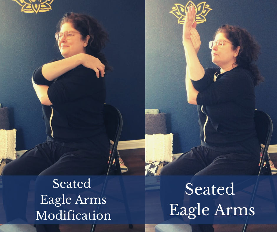 Seated Chair Yoga Eagle Pose with modified option of giving yourself a hug