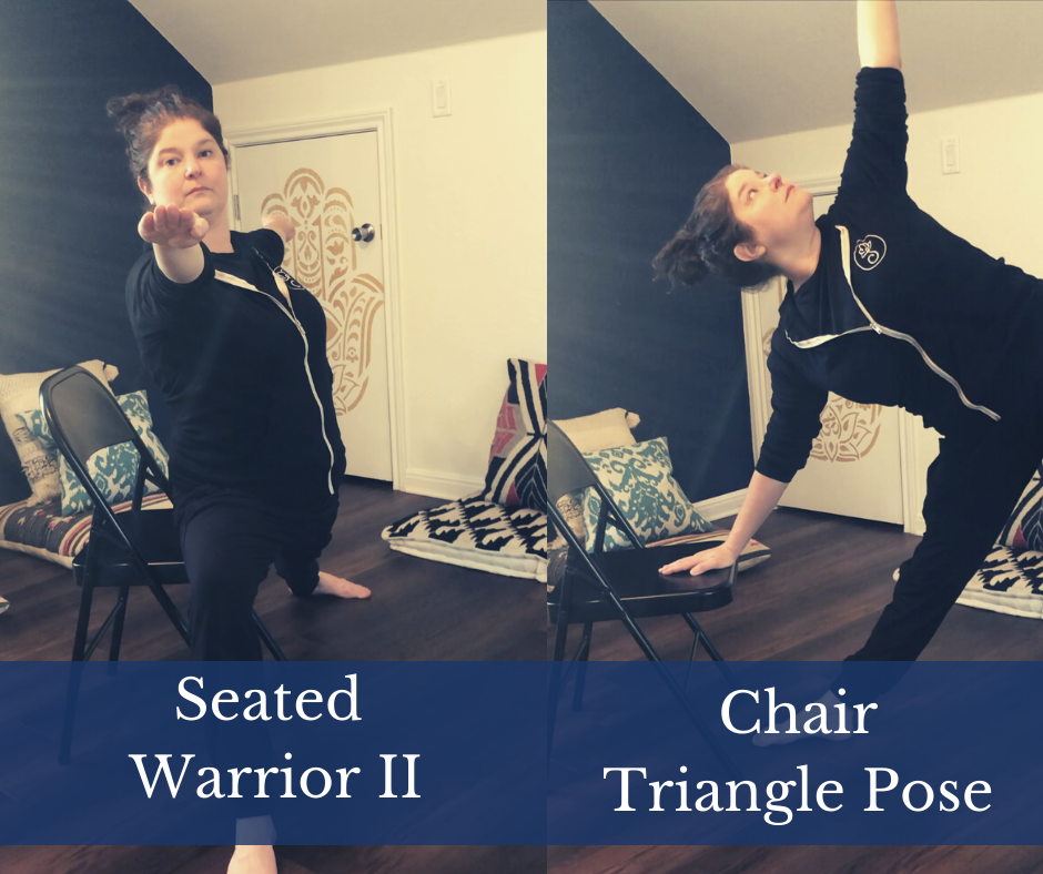 Seated Warrior Two Yoga Pose and Standing Triangle Yoga Pose using Chair for Support Under Hand