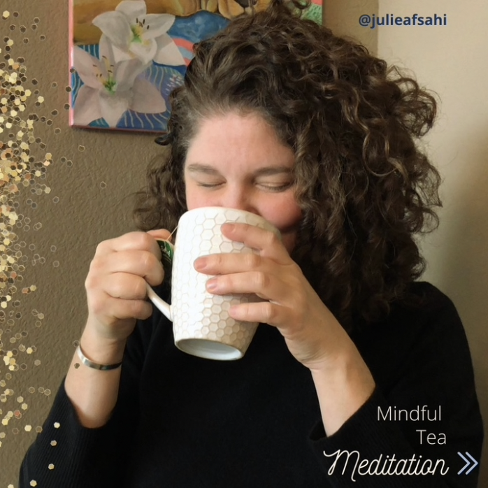 mindful tea meditation image of Soul Strong Yoga teacher mindfully drinking a cup of tea.