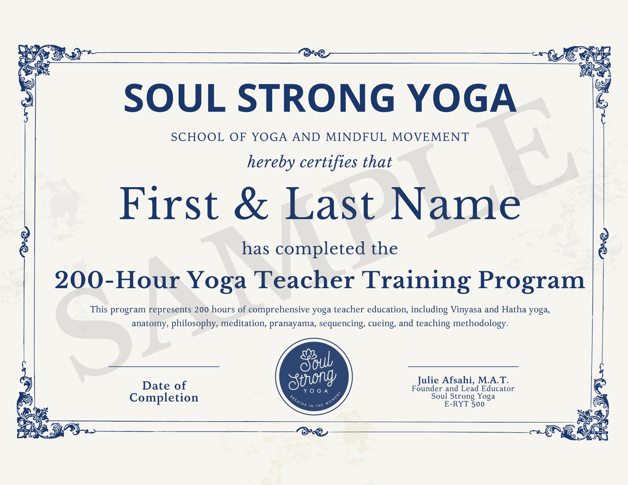 yoga teacher training certificate sample